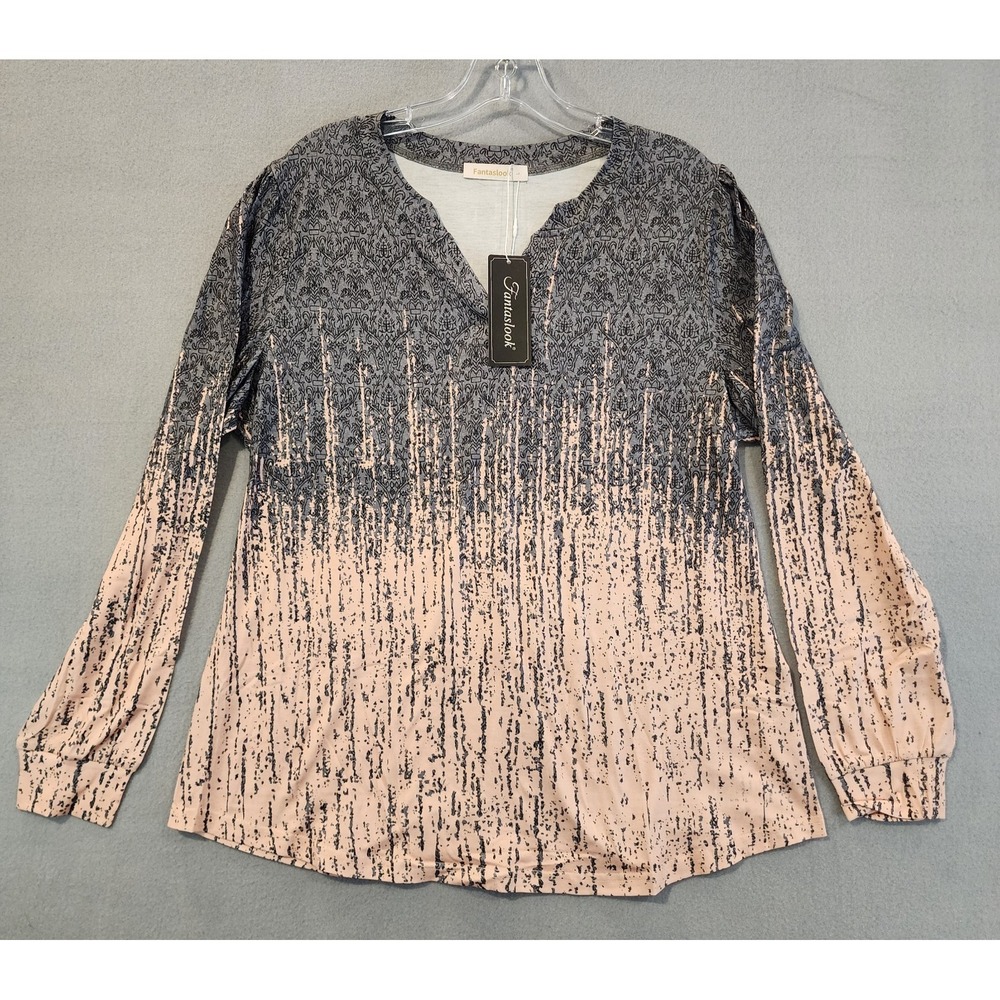 Fantaslook Women's Gray Pink Printed Long Sleeve Blouse Split Neck Top Large NWT